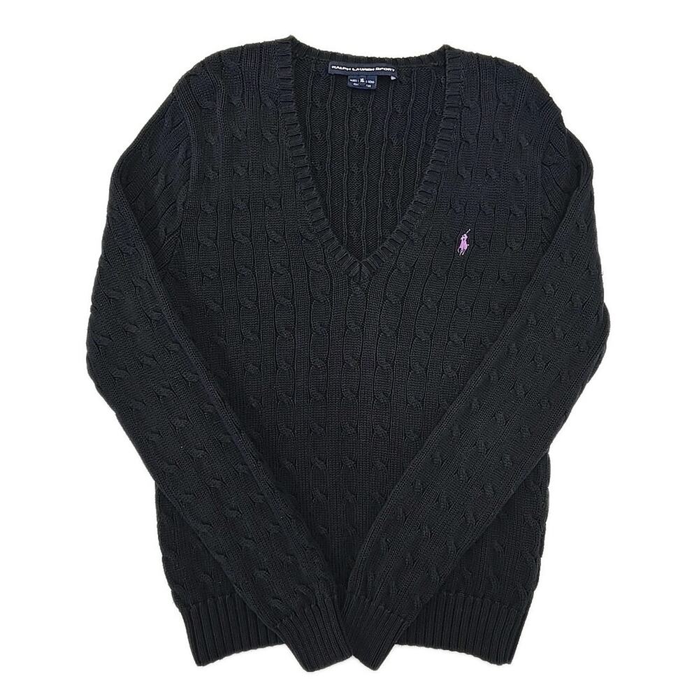VTG Ralph Lauren Sport Cable Knit V-Neck Sweater Black Purple Pony Preppy Y2K